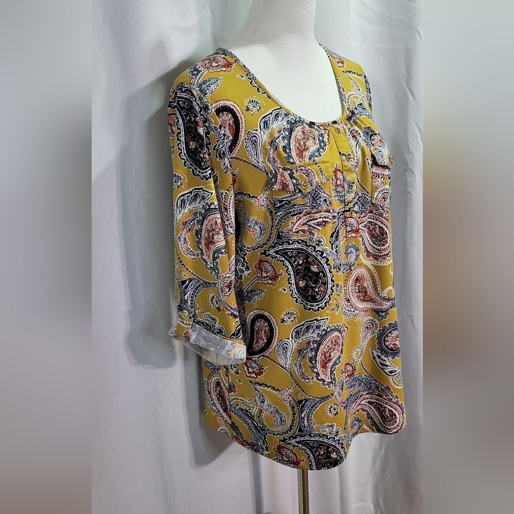 PerSeption Concept Women's Yellow Paisley Print Roll Tab 3/4 Sleeve Blouse Sz XL - Picture 6 of 11